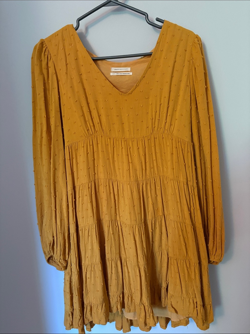 Urban Outfitters Mustard Textured Tiered Long Sleeve Dress